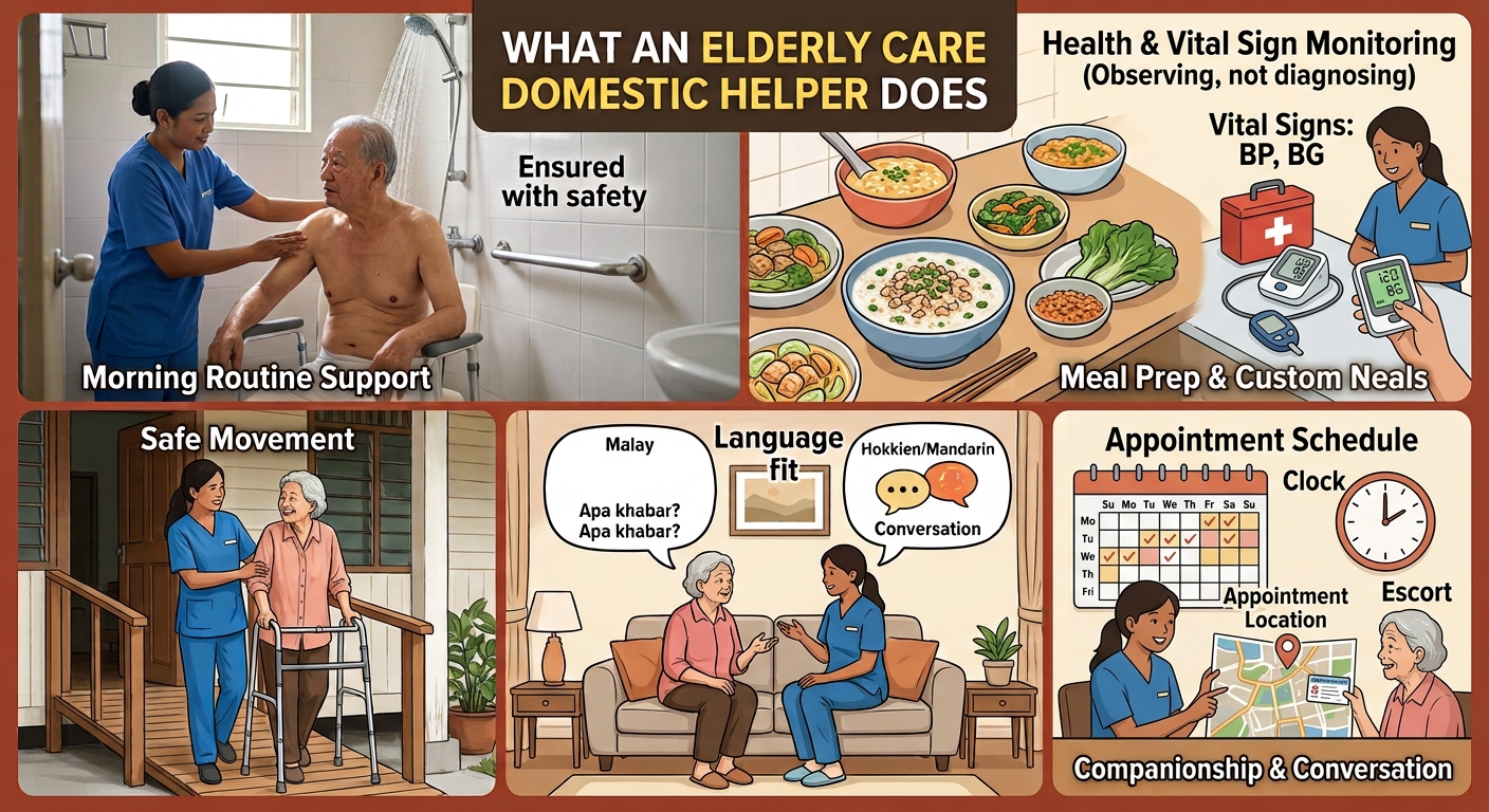 What an elderly care domestic helper does — morning routine, meal prep, safe movement, language fit, companionship, appointment escort